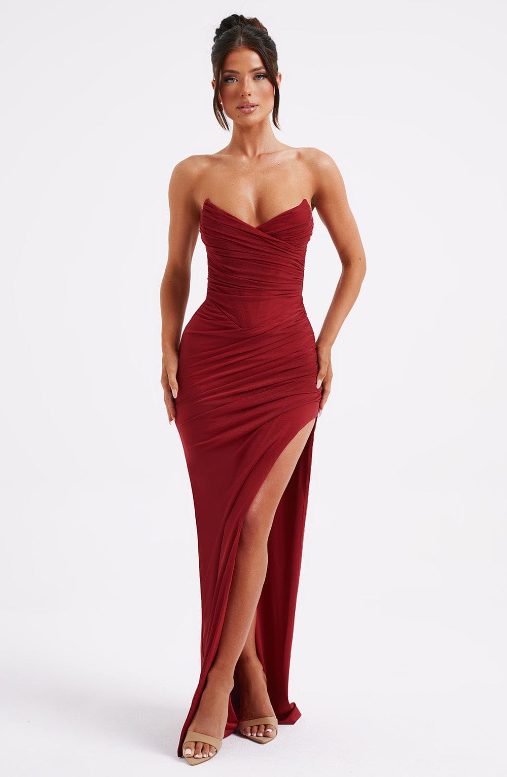 Luvrefashion | Giovanna Wine Colored Maxi Dress in XS - front view