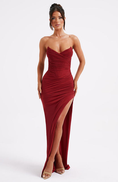 Luvrefashion | Giovanna Wine Colored Maxi Dress in XS - front view