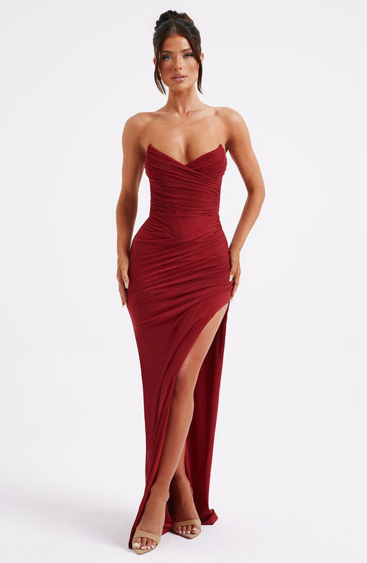 Luvrefashion | Giovanna Wine Colored Maxi Dress in XS - front view