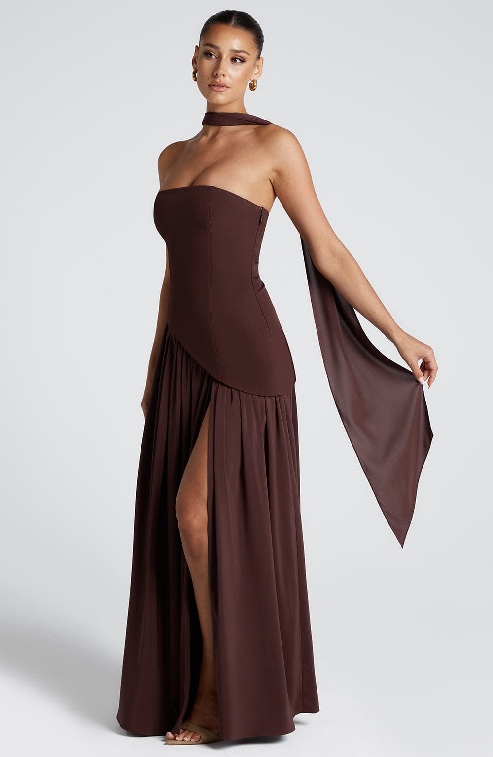 Luvrefashion | Maliyah Plum Brown Maxi Dress in XS - side view