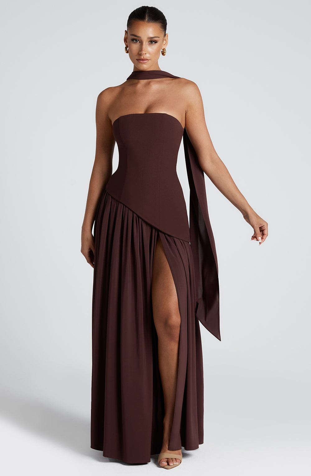 Luvrefashion | Maliyah Plum Brown Maxi Dress in XS - back view