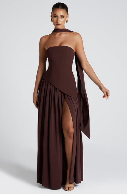 Luvrefashion | Maliyah Plum Brown Maxi Dress in XS - back view