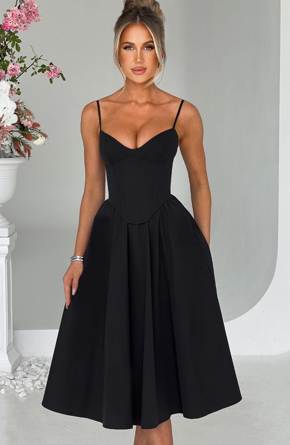 Luvrefashion | Mariella Black Midi Dress in XS - back view