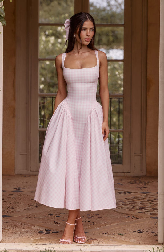 Luvrefashion | Sherrie Blush Gingham Midi Dress in XS - front view