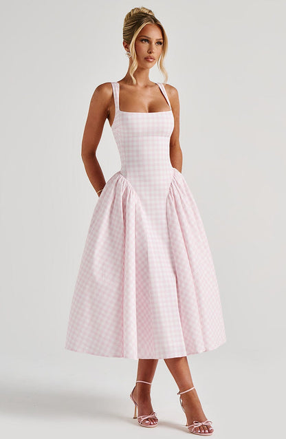 Luvrefashion | Sherrie Blush Gingham Midi Dress in XS - detail view