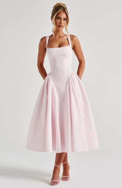 Luvrefashion | Sherrie Blush Gingham Midi Dress in XS - image 6