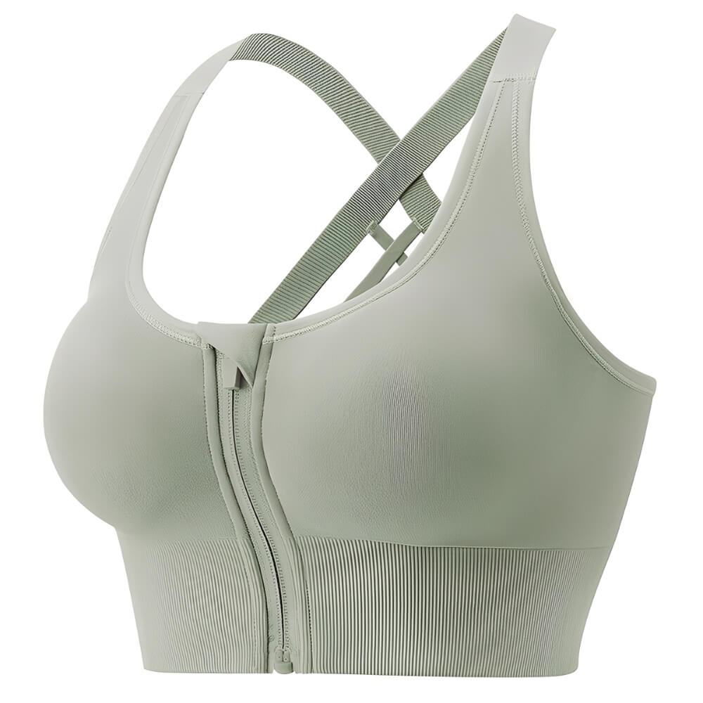 Front Zip Crossback Supportive Sports Bra with Wide-Strap Design
