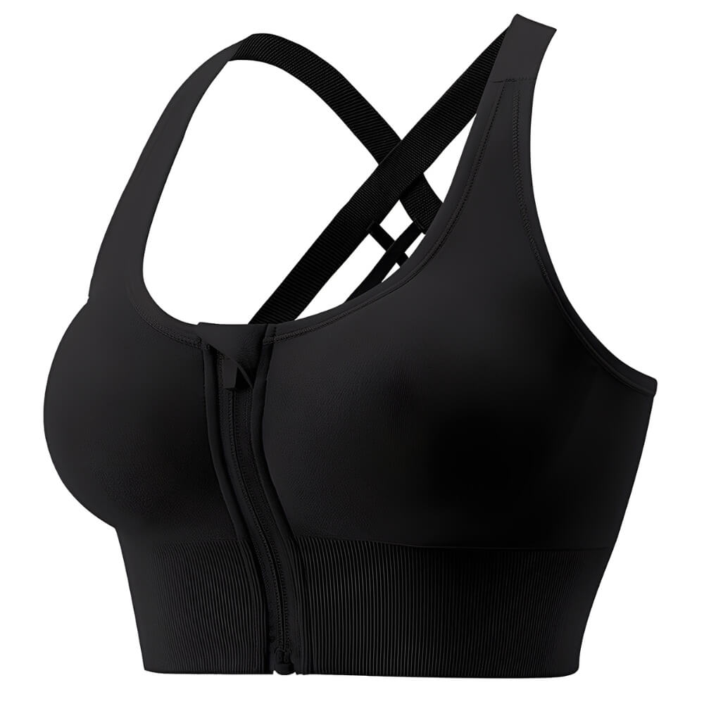 Front Zip Crossback Supportive Sports Bra with Wide-Strap Design