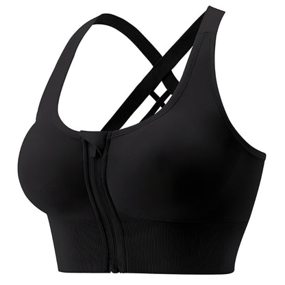 Front Zip Crossback Supportive Sports Bra with Wide-Strap Design