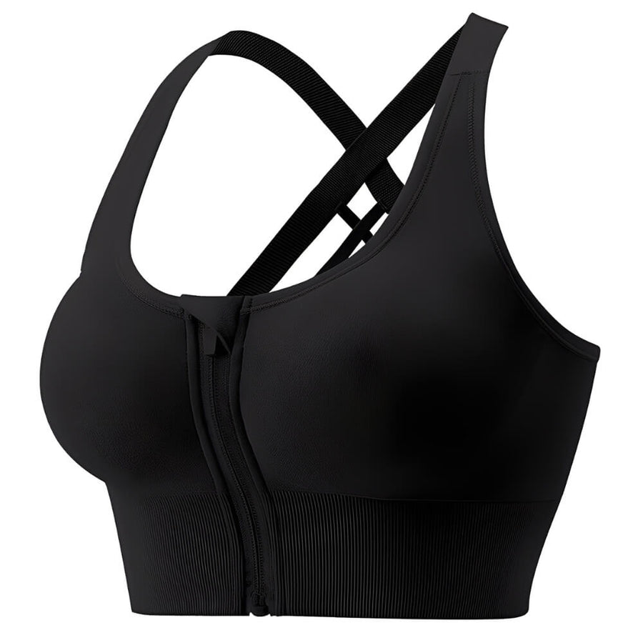Front Zip Crossback Supportive Sports Bra with Wide-Strap Design
