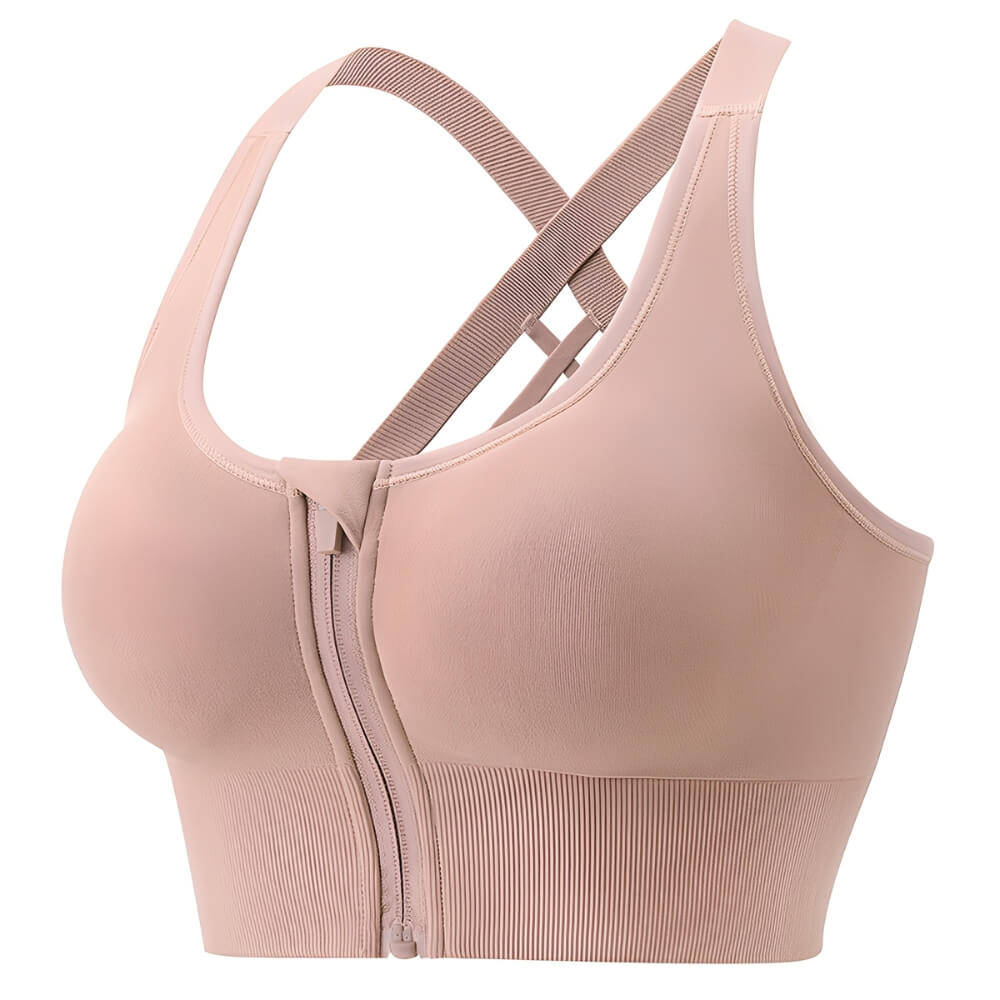 Front Zip Crossback Supportive Sports Bra with Wide-Strap Design