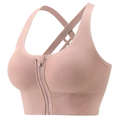 Front Zip Crossback Supportive Sports Bra with Wide-Strap Design