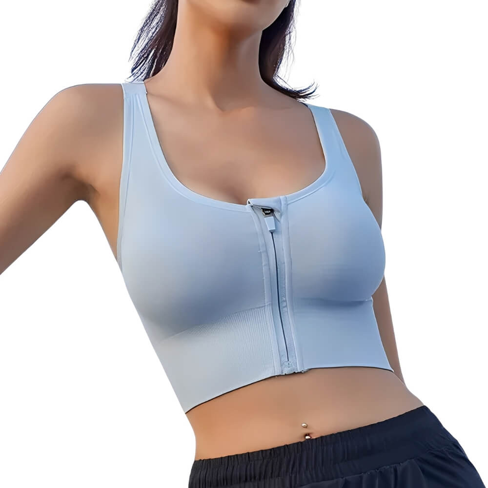 Front Zip Crossback Supportive Sports Bra with Wide-Strap Design