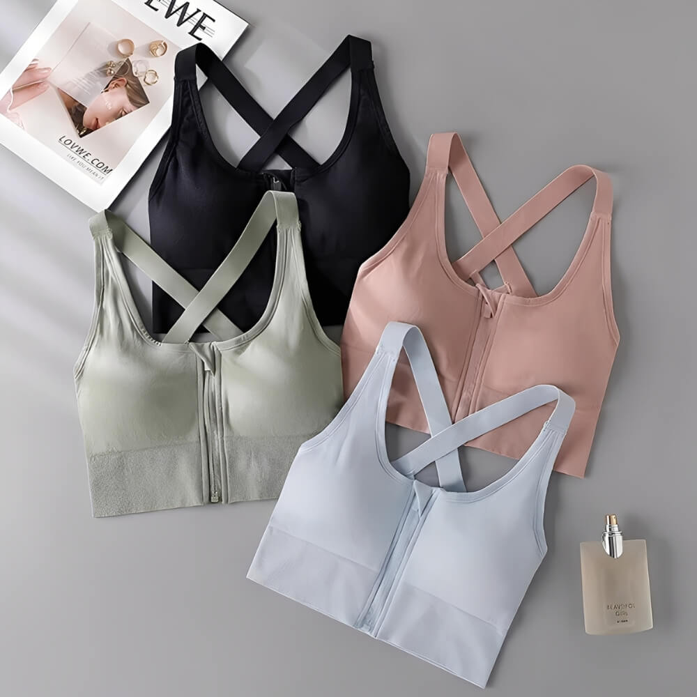 Front Zip Crossback Supportive Sports Bra with Wide-Strap Design