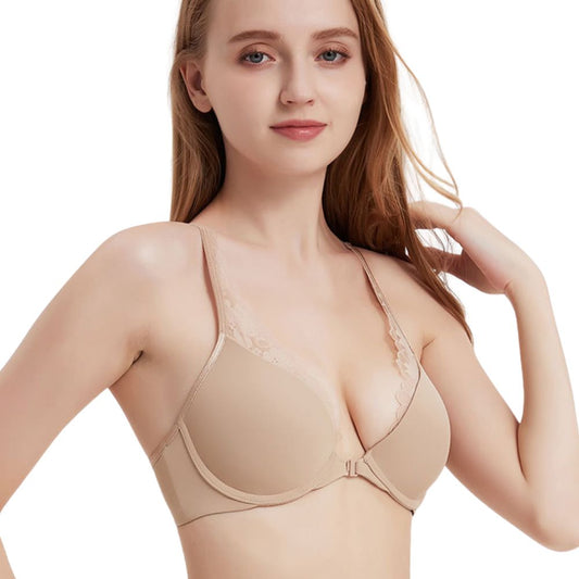 Lace Trim Front Closure Push-Up Bra with Racerback Design