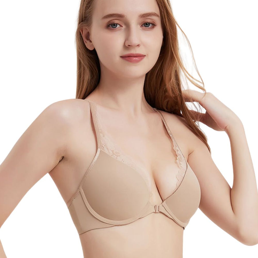 Lace Trim Front Closure Push-Up Bra with Racerback Design