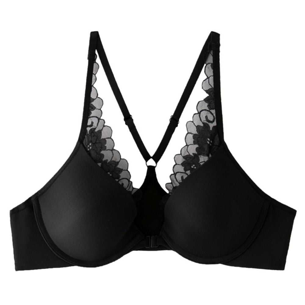 Lace Trim Front Closure Push-Up Bra with Racerback Design