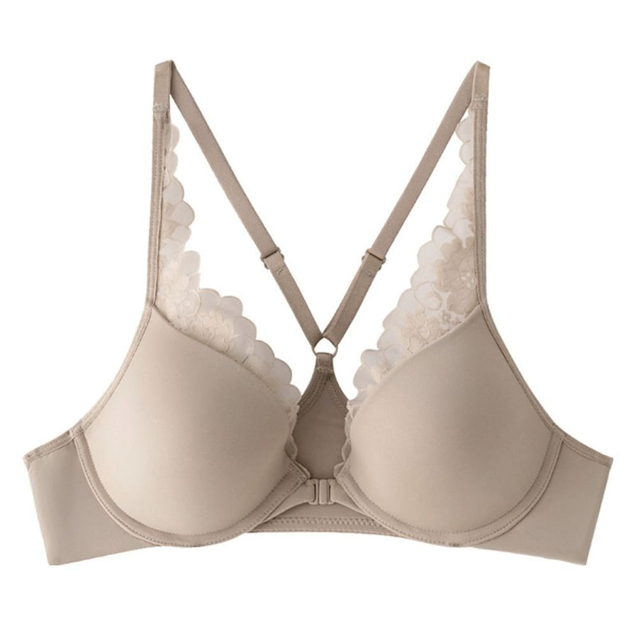Lace Trim Front Closure Push-Up Bra with Racerback Design