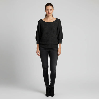 Luvrefashion | Ladies' Scoop Neck Pullover Sweater in Red - detail view