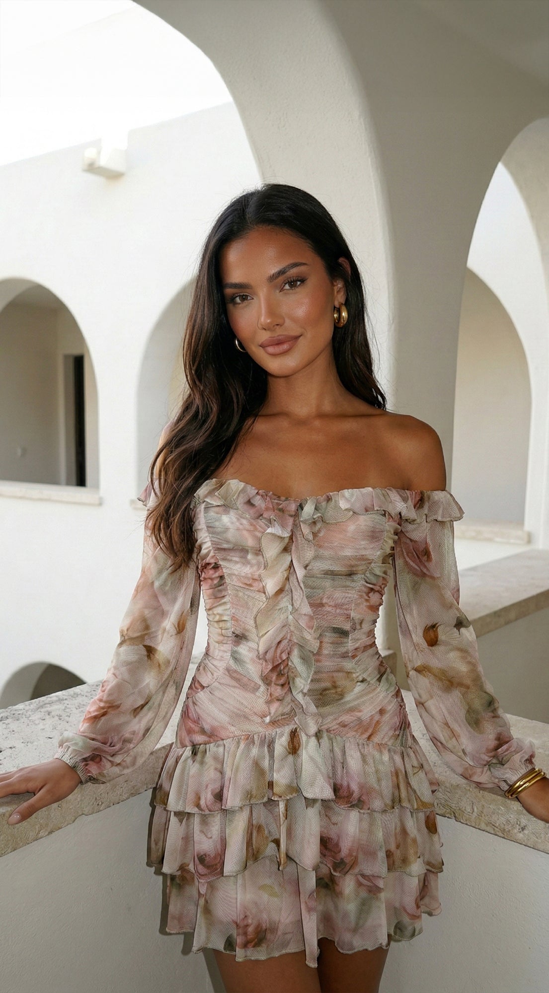 Sorrento Beige Multi Off-Shoulder Floral Ruffle Mini Dress