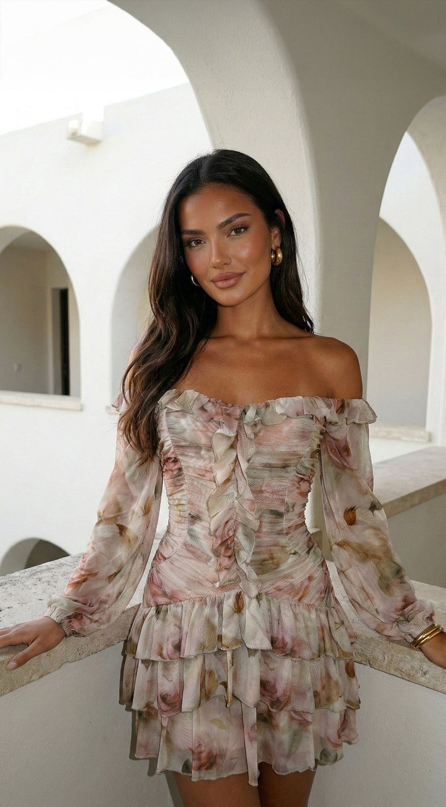 Sorrento Beige Multi Off-Shoulder Floral Ruffle Mini Dress