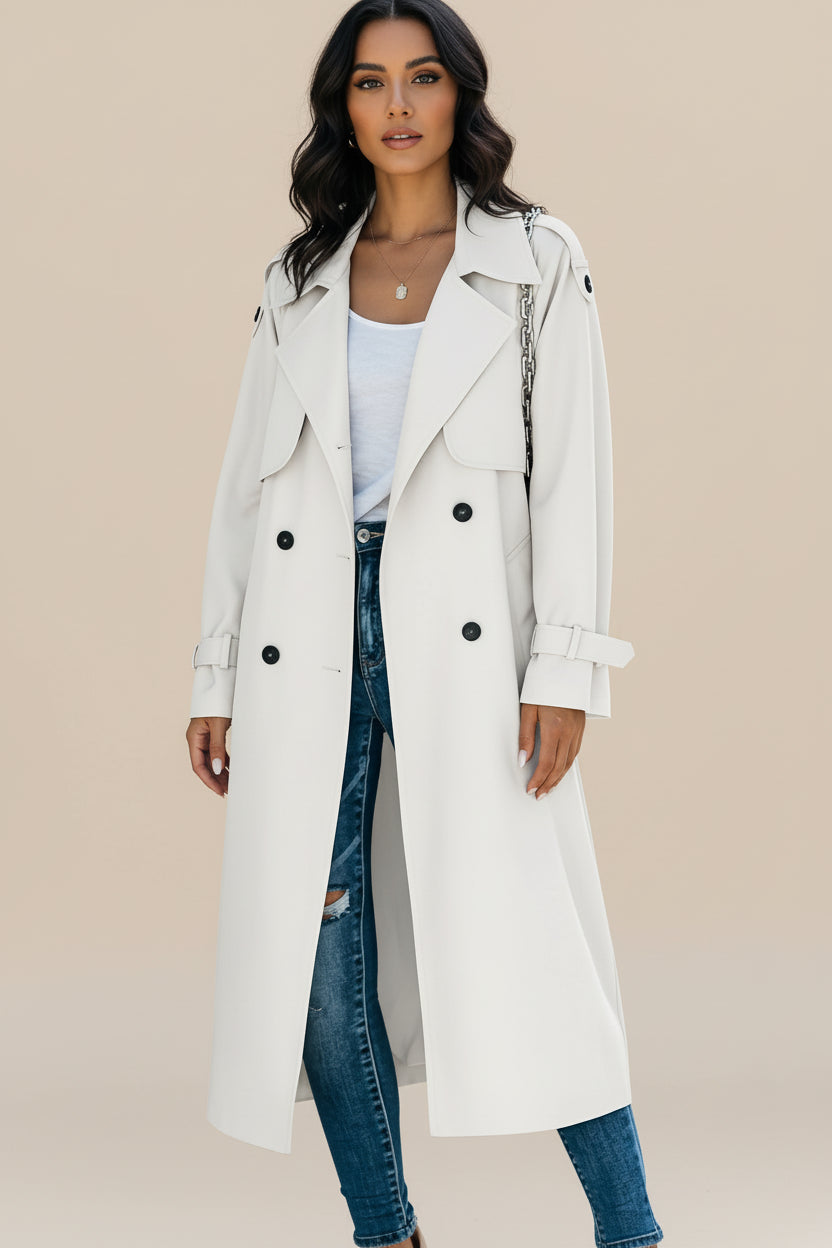 Luvrefashion | Ladies' Long Double Breasted Trench Coat in Light Green - back view