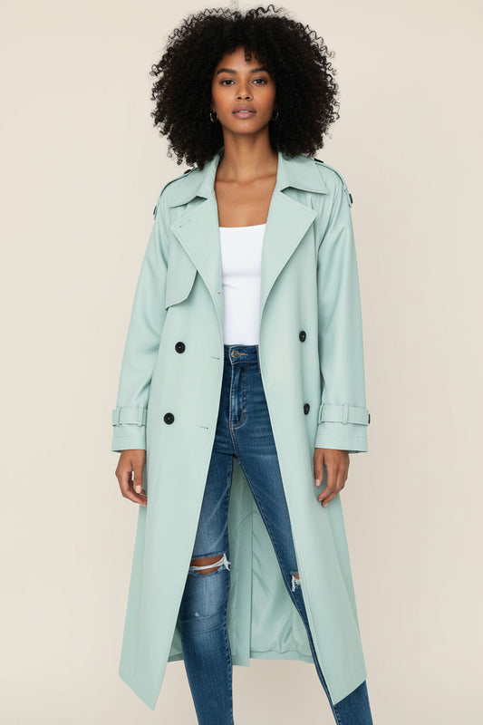 Ladies' Long Double Breasted Trench Coat in Light Green - front view