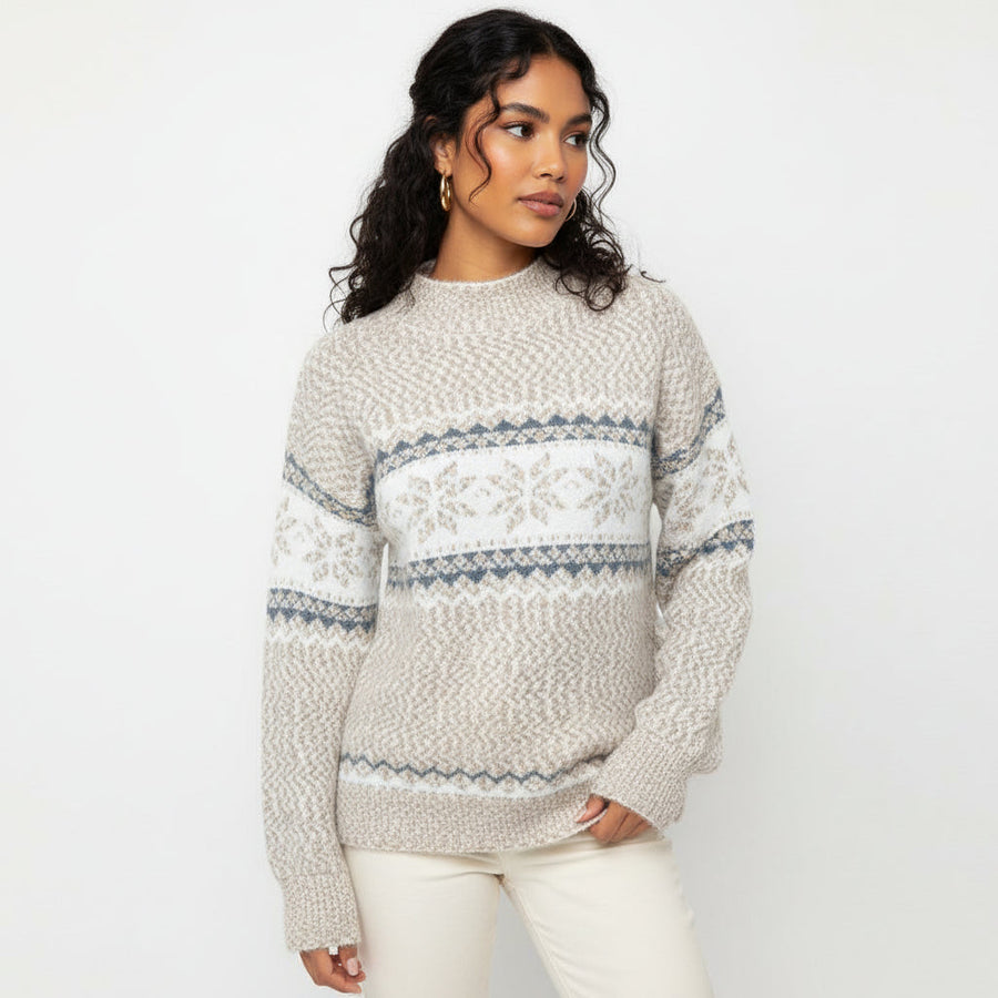 Luvrefashion | Ladies' Crew Neck Fair Isle Sweater in Light Blue - side view