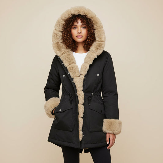 Hooded Anorak Jacket with Faux Fur Trim in Black - front view