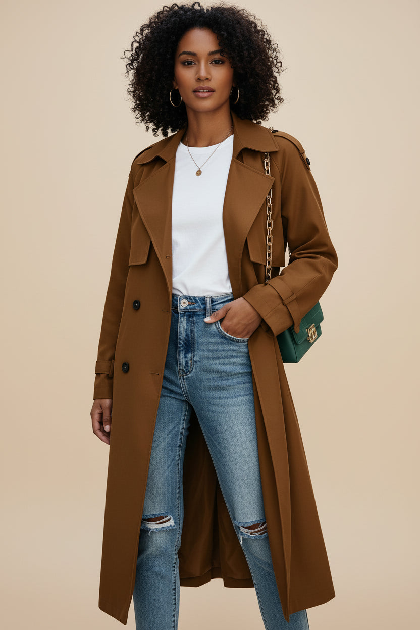 Luvrefashion | Ladies' Long Double Breasted Trench Coat in Light Green - detail view