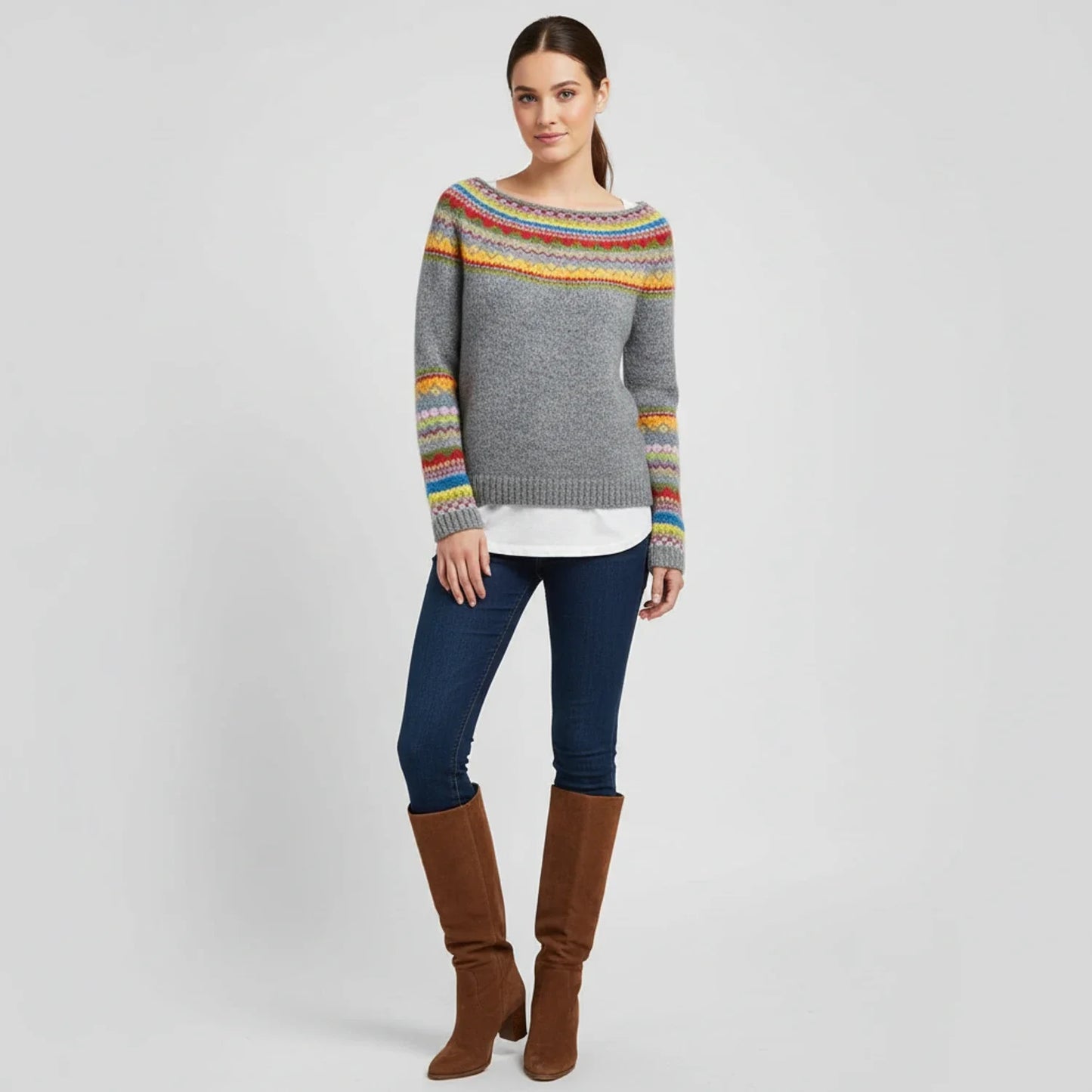 Luvrefashion | Long Sleeve Fair Isle Sweater for in Grey - side view