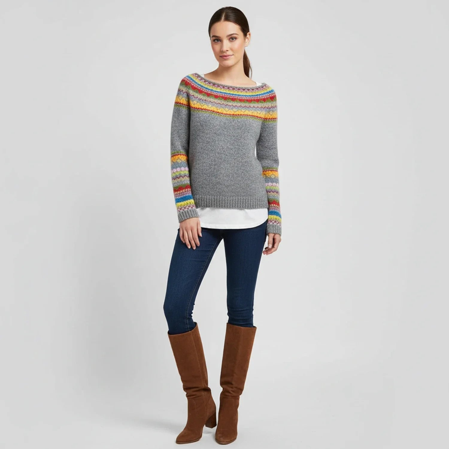 Luvrefashion | Long Sleeve Fair Isle Sweater for in Grey - side view