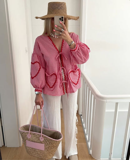 Betty Chic Heart Blouse for Fashionable in Pink - detail view