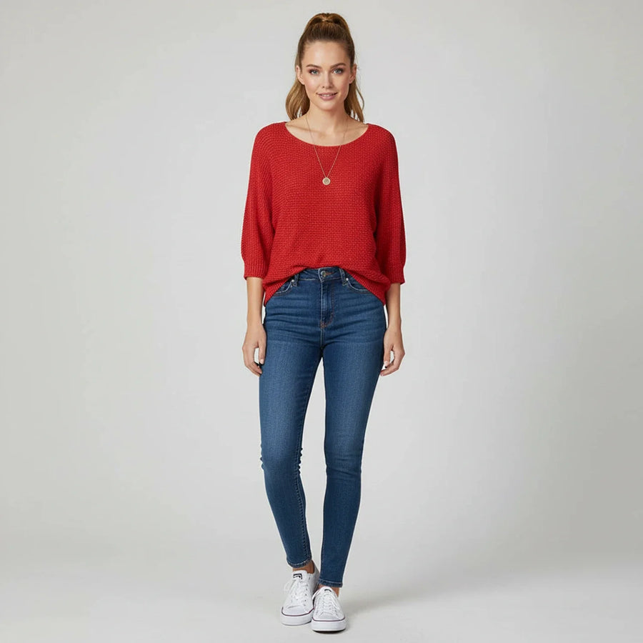 Luvrefashion | Ladies' Scoop Neck Pullover Sweater in Red - side view