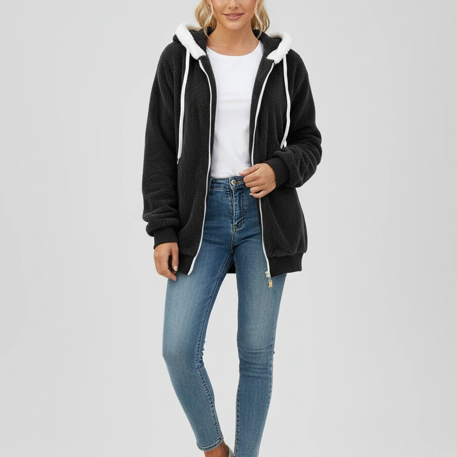 Ladies' Zip Up Hooded Sweater in Black - side view
