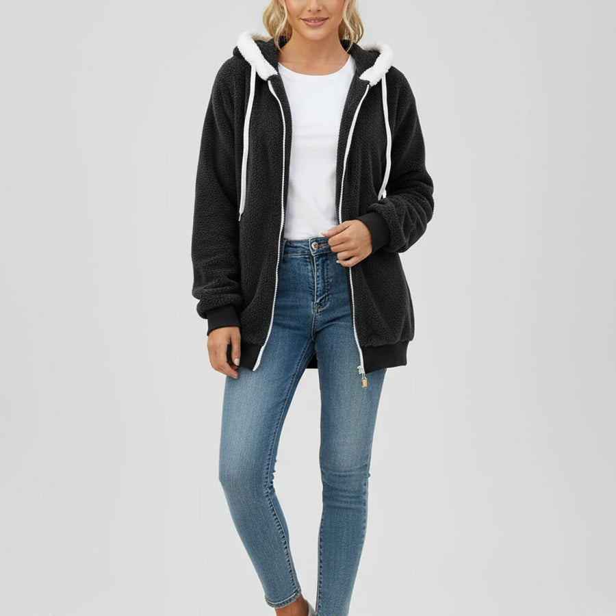 Luvrefashion | Ladies' Zip Up Hooded Sweater in Black - side view