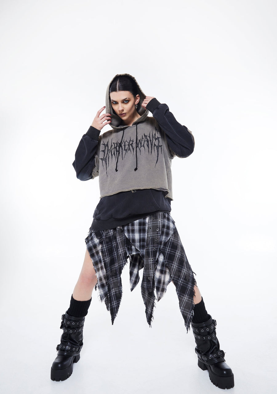 Plaid Asymmetrical Midi Skirt with Distressed Detail and Belt