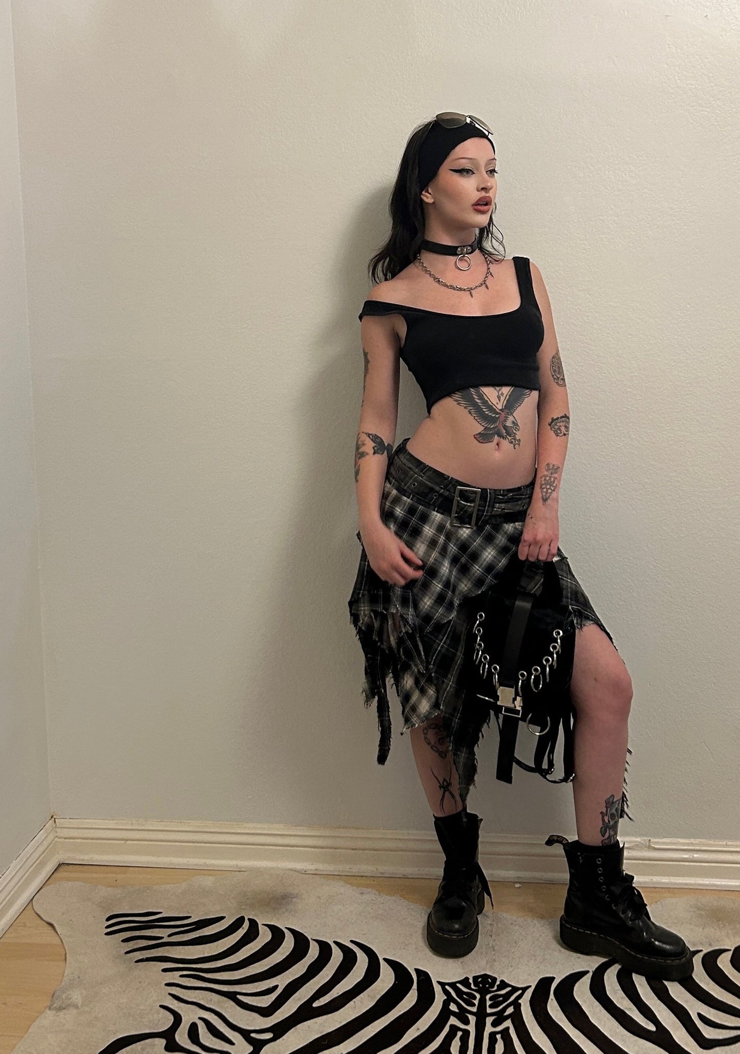 Plaid Asymmetrical Midi Skirt with Distressed Detail and Belt