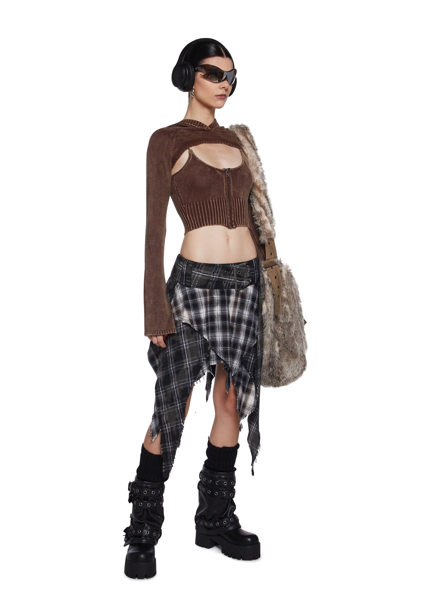 Plaid Asymmetrical Midi Skirt with Distressed Detail and Belt