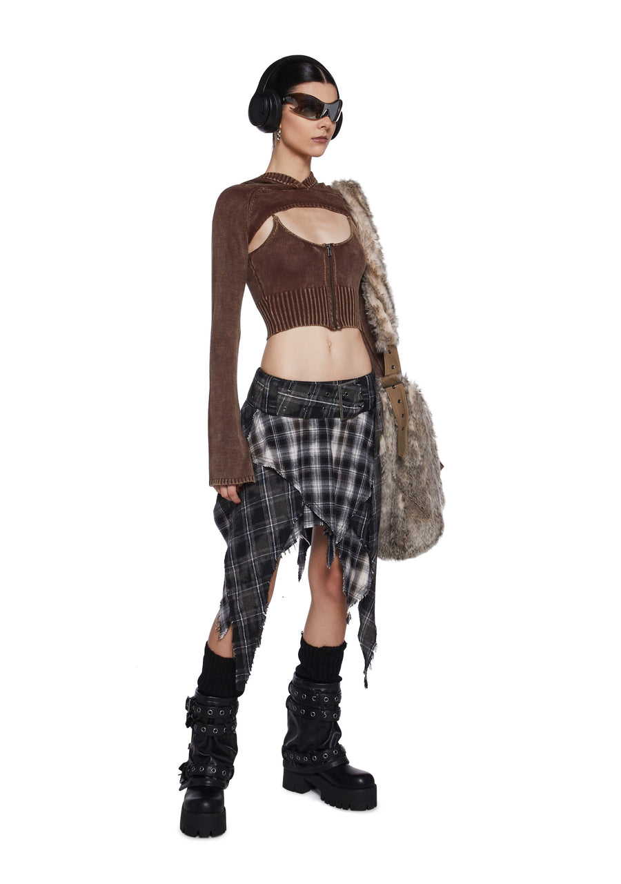 Plaid Asymmetrical Midi Skirt with Distressed Detail and Belt