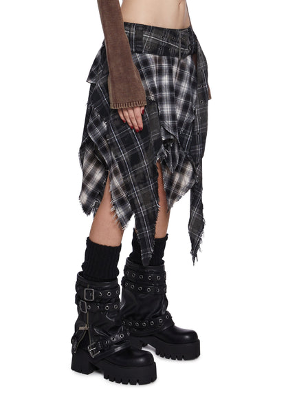 Plaid Asymmetrical Midi Skirt with Distressed Detail and Belt