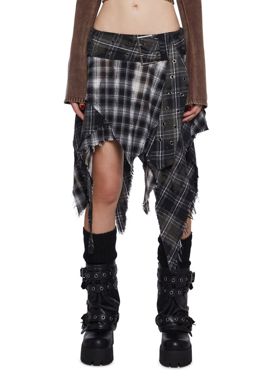 Plaid Asymmetrical Midi Skirt with Distressed Detail and Belt