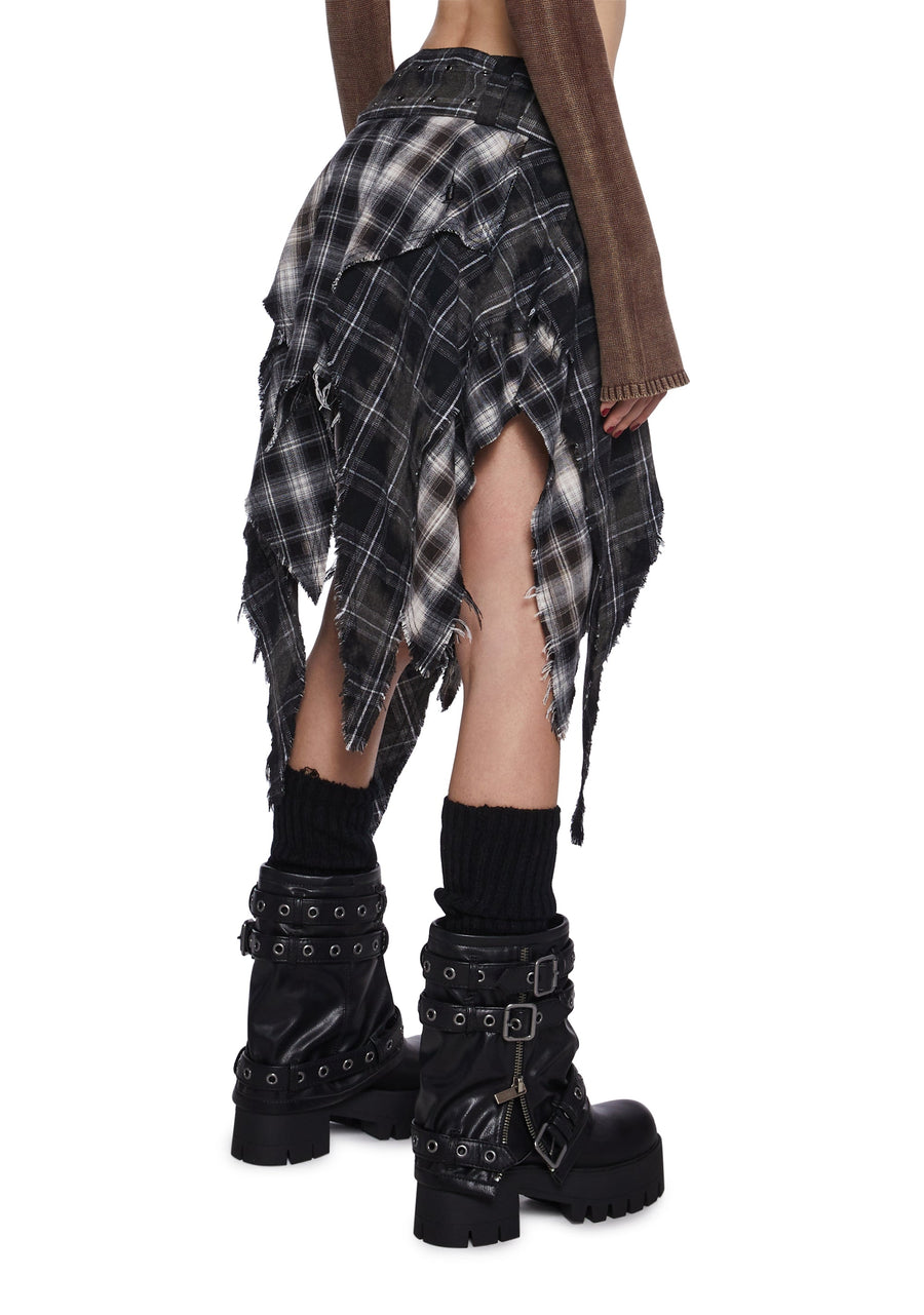 Plaid Asymmetrical Midi Skirt with Distressed Detail and Belt