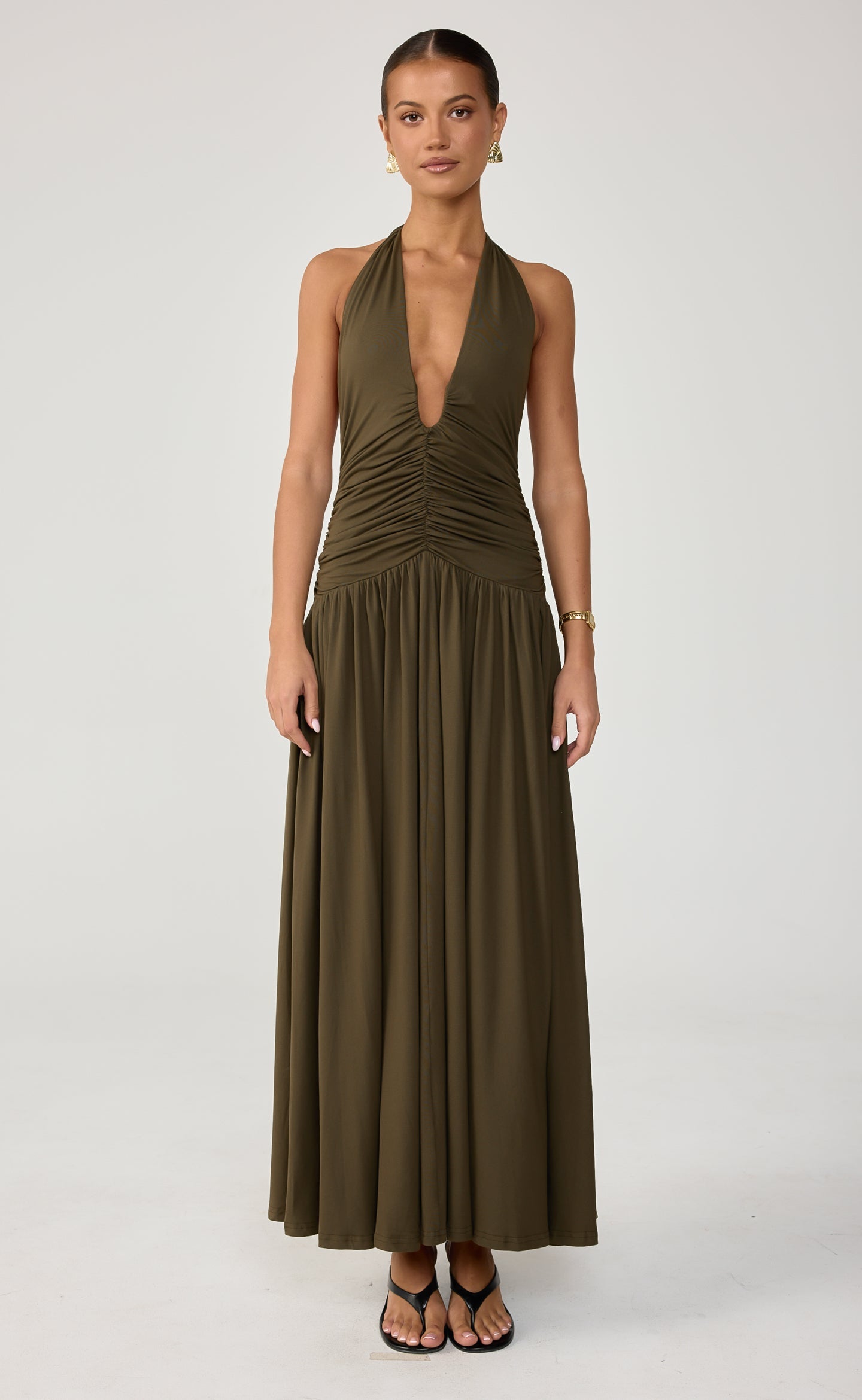 Serein Moss Open-Back Flowy Maxi Dress