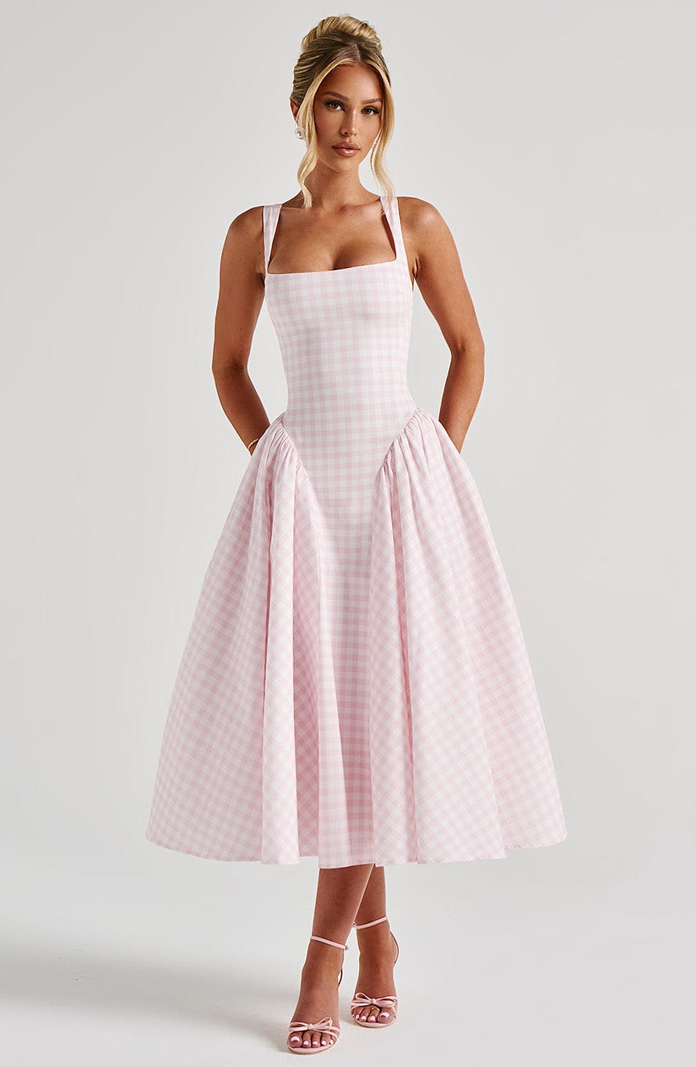 Sherrie Blush Gingham Midi Dress in XS - image 6