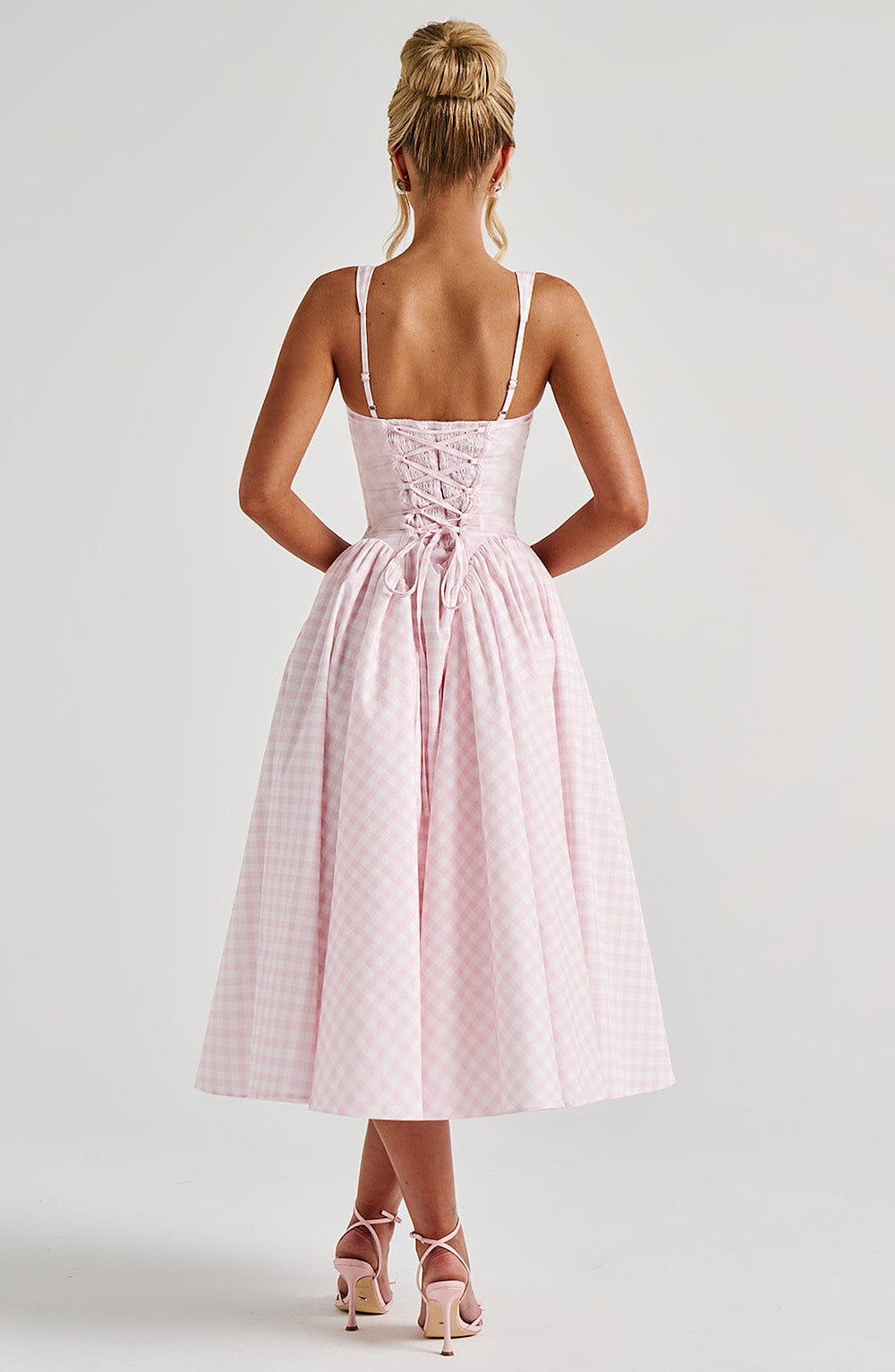 Sherrie Blush Gingham Midi Dress in XS - side view