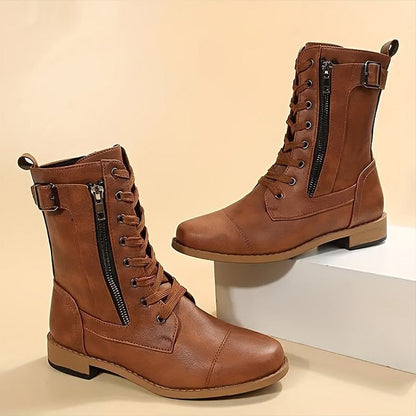 Emma Lace Up Combat Boots in Brown - front view