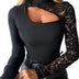 Black Asymmetrical Cutout Lace Sleeve Slim Fit Top with Mock Neck - Black