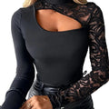 Black Asymmetrical Cutout Lace Sleeve Slim Fit Top with Mock Neck