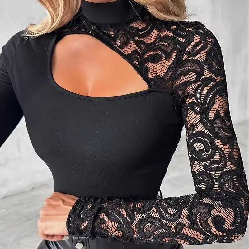 Black Asymmetrical Cutout Lace Sleeve Slim Fit Top with Mock Neck
